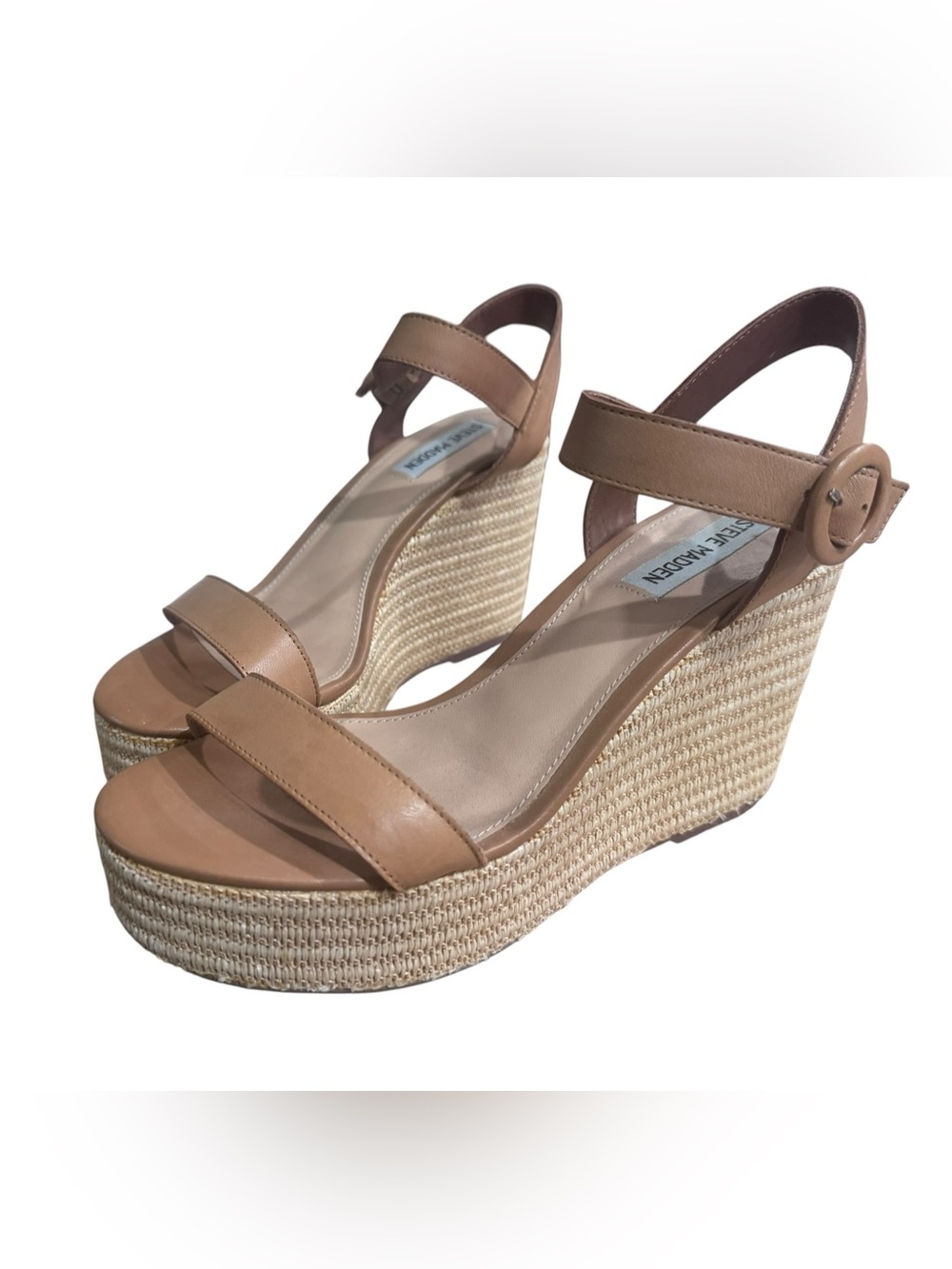 Steve Madden Porta Beige/Tan Leather Espadrille Wedge Sandals size 9